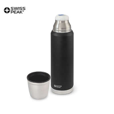 Swiss Peak Elite Copper Vacuum Flask with black powder-coated finish and stainless steel cup, perfect corporate gift Singapore.