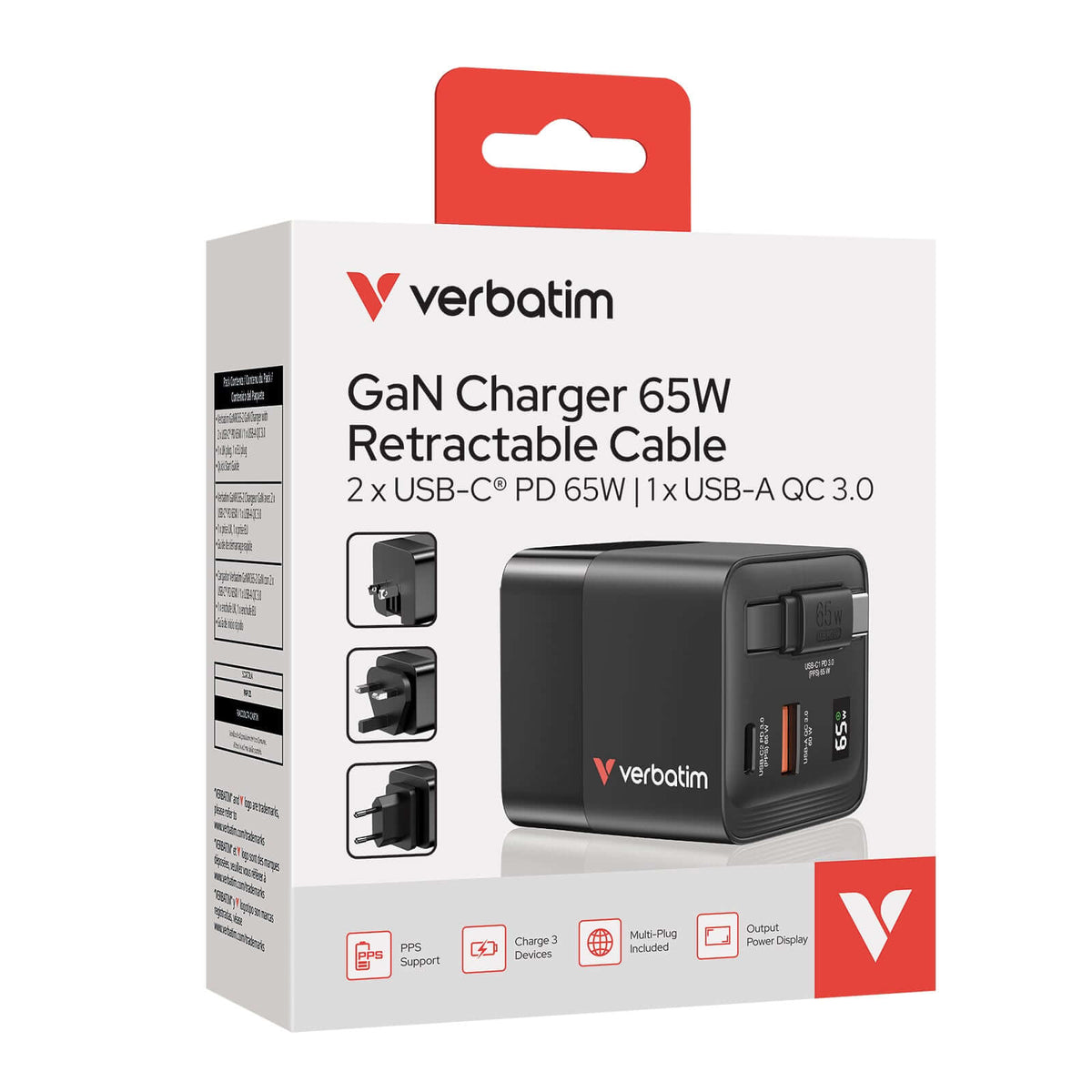 Verbatim 3-Port 65W GaN Charger with Retractable Cable & LED display packaging design and specifications