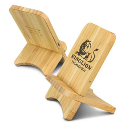Bamboo Wireless Charging Stand showing front and rear views with an illustrative logo on the upright panel