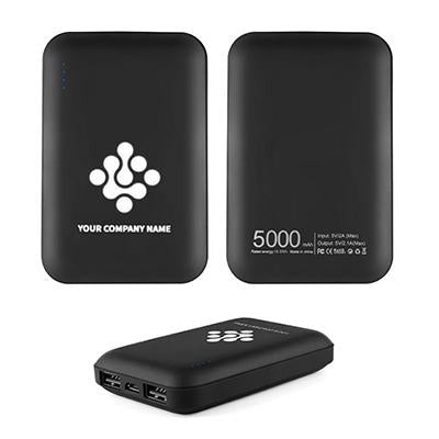 Front, back and port-edge views of a black mini power bank with example logo and 5000mAh back marking