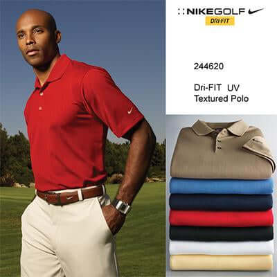 Nike Golf textured polo shown in red on a model beside folded colour examples