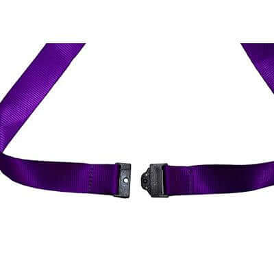 Purple nylon lanyard with its black neck breakaway connector shown separated