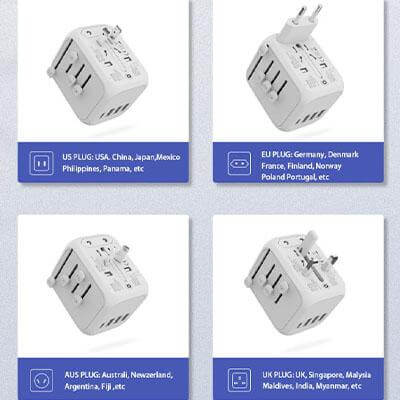 World travel adaptor catalogue panel showing the white adaptor in four plug-selector configurations