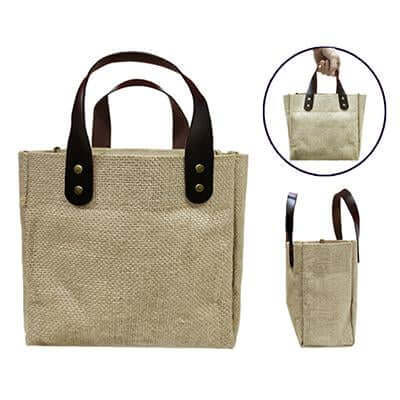 Eco Friendly Jute Tote Bag with PU Leather Handle by Corporate Gift Store Singapore