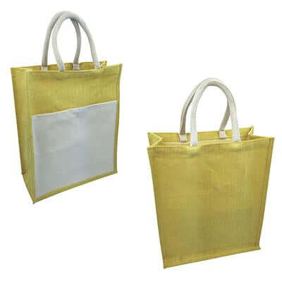 Yellow jute tote front and back views showing the natural canvas pocket, handles and open top