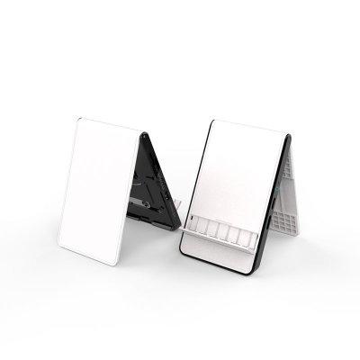 White-front folding wireless charging phone stand shown from the front and rear in its upright position.
