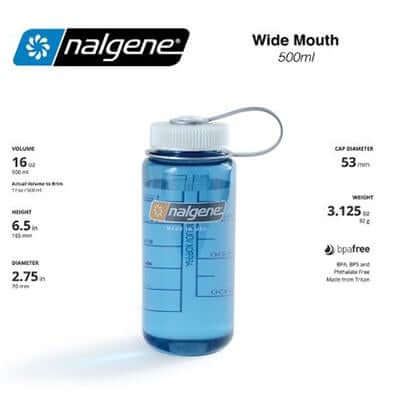 Blue Nalgene 16oz 500ml Wide Mouth bottle with measurement marks, white tethered screw cap and product dimension labels