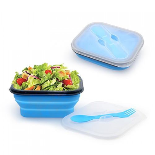 Blue foldable lunch box shown expanded with example salad and collapsed, with spoon and fork stored in the lid