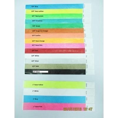 Colour chart of Tyvek-style event wristband strips with printed numbering examples
