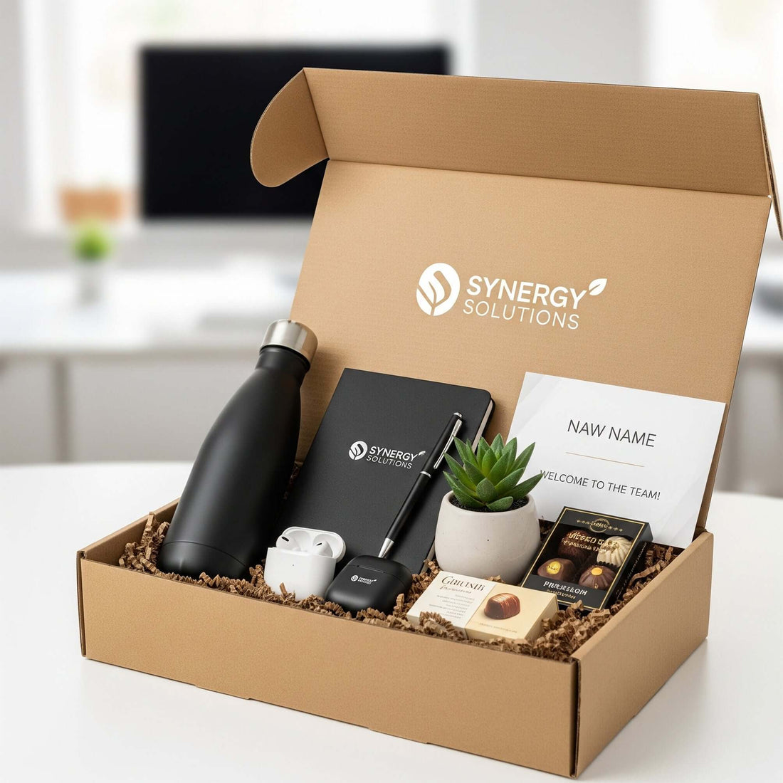Illustration of an open welcome box with a black bottle, notebook, pen, small plant, snacks and welcome card