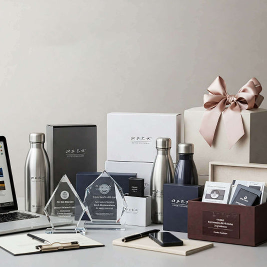 Corporate gift display with metal bottles, glass awards, notebooks, pens and presentation boxes