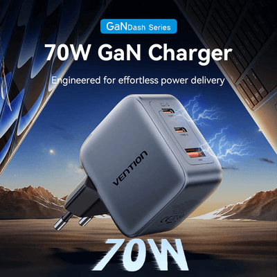 Vention 3-Port USB (C+C+A) GaN Charger 70W with three ports for fast charging.