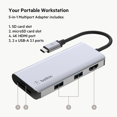 Belkin Connect USB-C 5-in-1 Multiport Adapter Hub