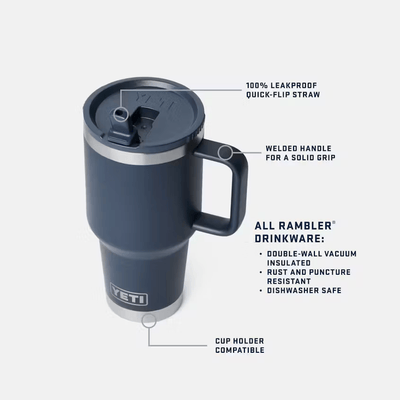 Yeti Rambler® 30 oz Travel Straw Mug with quick-flip straw and welded handle, ideal corporate gift for adventurers.