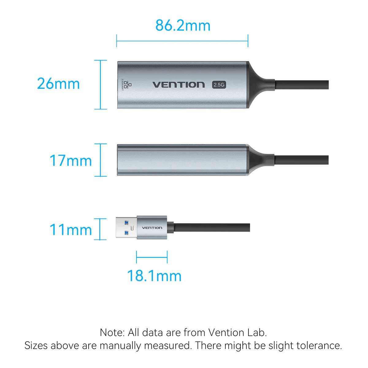 Vention USB-A to 2.5G Ethernet Adapter size specifications, showcasing dimensions and sleek design.