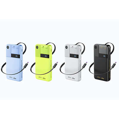 Remax FP-123 Powerbank with Type-C Retractable Cable 10000mAh in four colors on display.