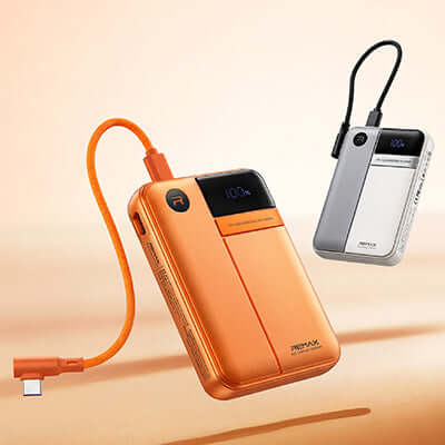 Remax FP-122 Fast Charge Powerbank with Detachable Type-C Cable in orange and silver colors, showcasing its sleek design.
