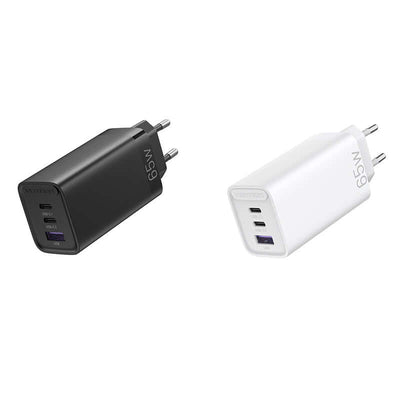 Vention 3-Port USB(C+C+A) Compact GaN Charger 65W in black and white, showcasing simultaneous charging capabilities.