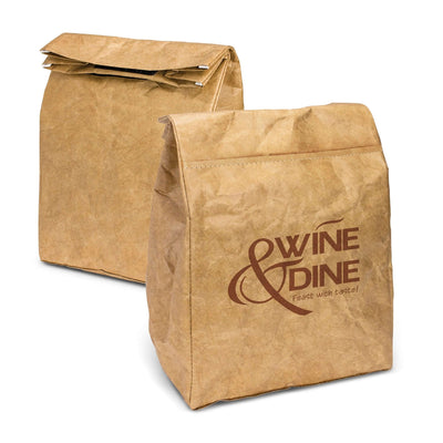 Kraft Cooler Lunch Bag in stylish brown Tyvek with Wine & Dine logo, perfect for Corporate Gift Singapore.