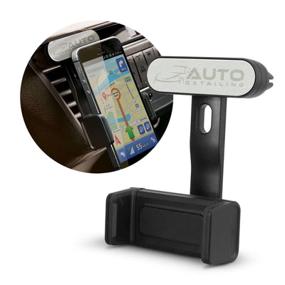 Zamora Car Phone Holder mounted on a car air vent, securely holding a smartphone for navigation.