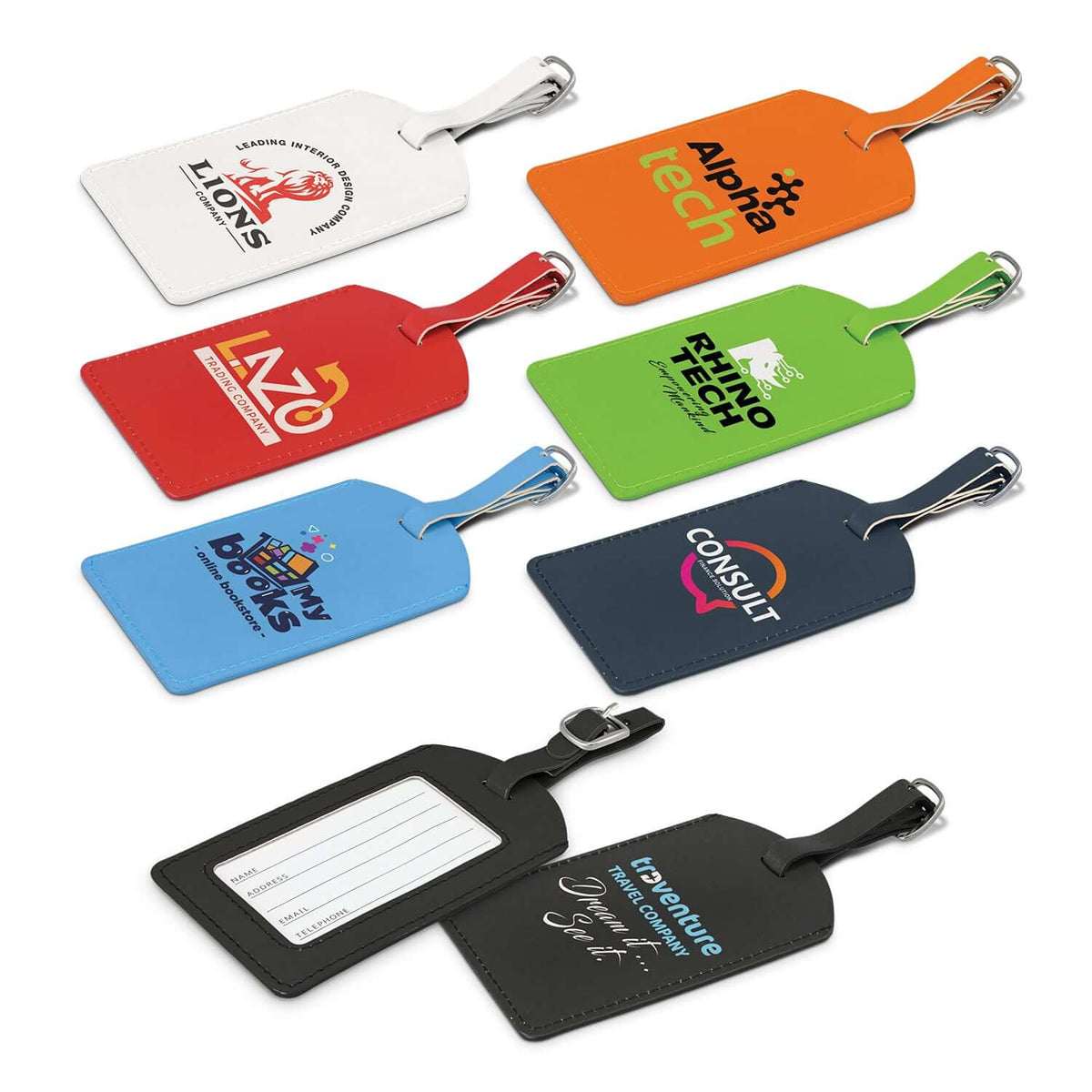 Aero luggage tags in seven colours with stitched edges, buckle straps and address-card window; printed logos are illustrative