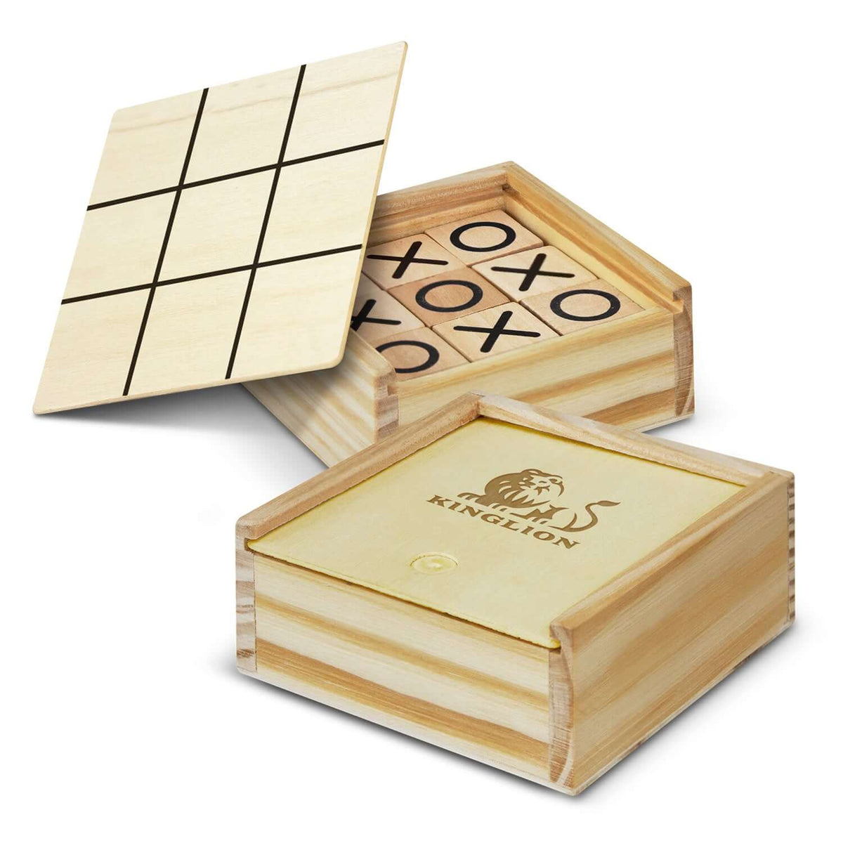 Tic Tac Toe Game in high-quality pine wood box featuring sliding lid and unique game pieces.