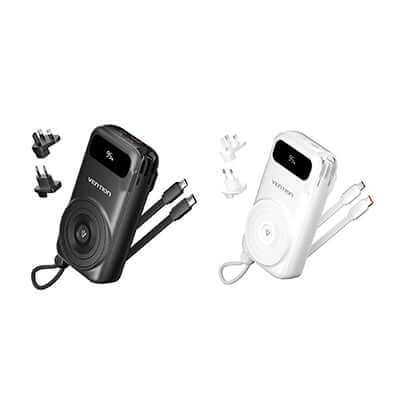Vention 10000mAh Power Bank with Plug in black and white, featuring USB-C and Lightning cables.