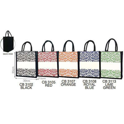 5 colorful 10oz Laminated Canvas Bags in black, red, orange, royal blue, and lime green - perfect for corporate gifts.
