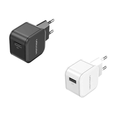 Vention 1-Port USB Wall Charger 18W in black and white, ideal corporate gift for fast device charging.