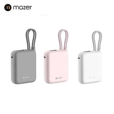Mazer PowerCharge Nano Duo 10,000mAh PD35W Power Bank with Built-in Dual USB-C Cables (CCC Certified) in grey, pink, and white.