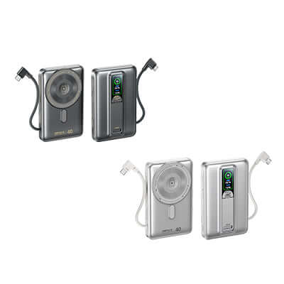 Remax FP-52 10000mAh Suction Wireless Powerbank with C Cable 360° Stand in black and silver colors.