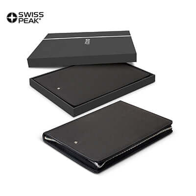 Swiss Peak Heritage A4 Portfolio with Zipper in stylish black box design, ideal for corporate gift in Singapore.