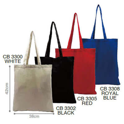 4 colors of 6oz Cotton Tote Bag shown: white, black, red, royal blue, perfect for corporate gifts.