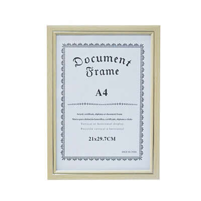 Light Brown A4 Certificate Frame showcasing a document with dimensions 21x29.7cm, perfect for corporate gifts.