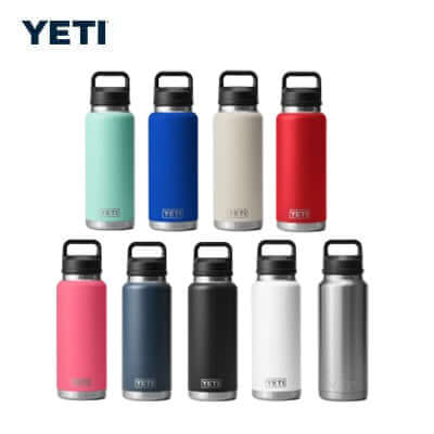 Yeti Rambler® 36 oz Water Bottle with Chug Cap in various colors for hydration and outdoor adventures.
