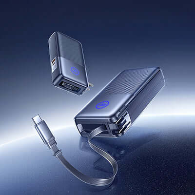 Remax CP-17 65W Powerank with Retractable Cable and Wall Plug charging devices on a sleek background.