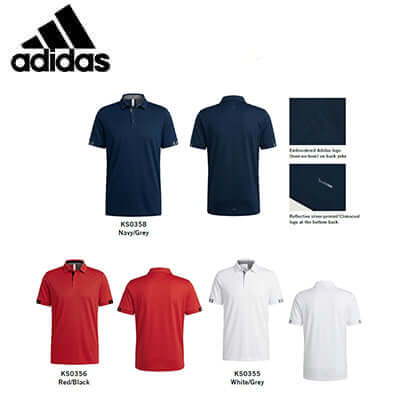 adidas SS Polo Shirt collection featuring Navy/Grey, Red/Black, and White/Grey options, ideal for corporate gifts.