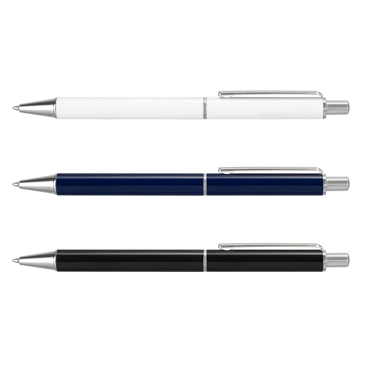 Paladin ballpoint pens in glossy white, navy and black with silver-coloured clips and chrome trim
