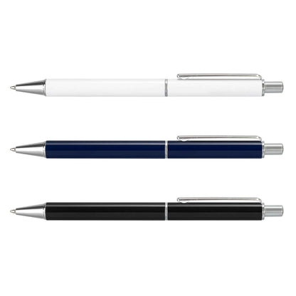 Paladin ballpoint pens in glossy white, navy and black with silver-coloured clips and chrome trim