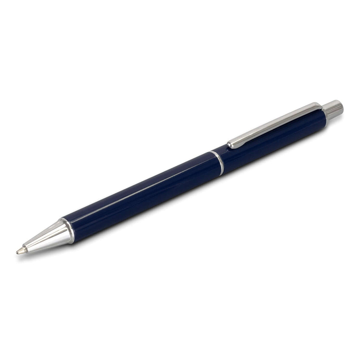 Close-up of navy Paladin pen showing glossy barrel, silver-coloured clip, centre ring and pointed chrome tip