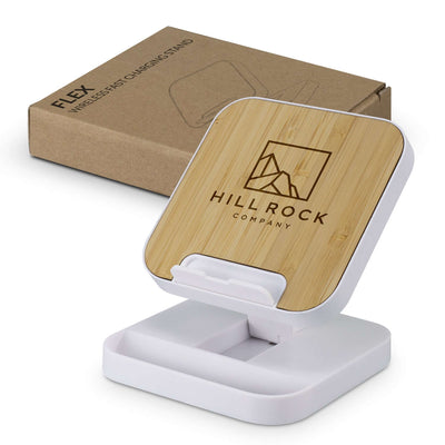 Flex Wireless Fast Charging Stand with bamboo panel and packaging, perfect corporate gift for tech enthusiasts.