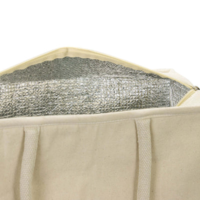 Interior view of the Iconic Shopping Cooler Tote Bag featuring aluminium foil lining for insulation.