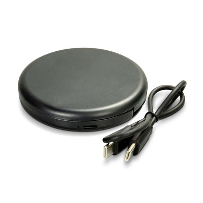 Ella LED Compact Mirror in sleek black design with USB charging cable for portable beauty touch-ups.
