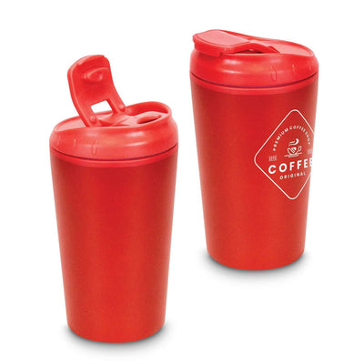 Corsica Coffee Cup in red with flip closure lid, double wall design ideal for corporate gift.