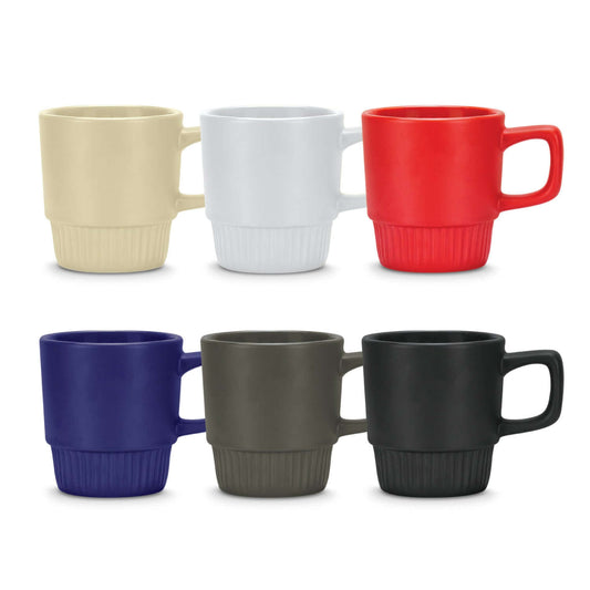 Barista Stackable Coffee Mug in assorted colors, featuring a space saving stackable design for corporate gifts.