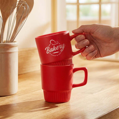 Barista Stackable Coffee Mug in vibrant red, demonstrating space-saving stackable design for kitchens