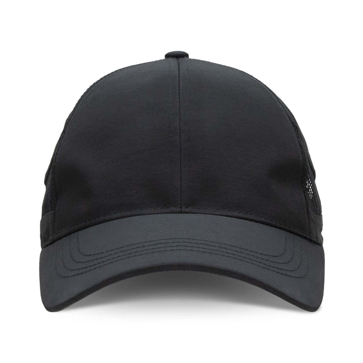 Pulse Sports Cap in black, featuring mesh panels for ventilation and adjustable back strap.