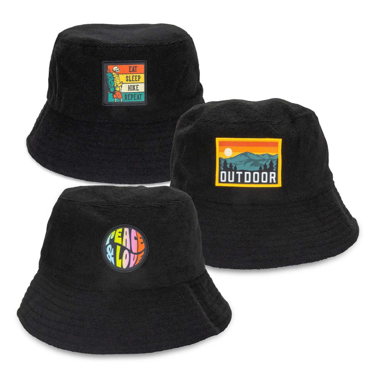 Terry Towelling Bucket Hat with Full Colour Patch featuring outdoor and peace designs.