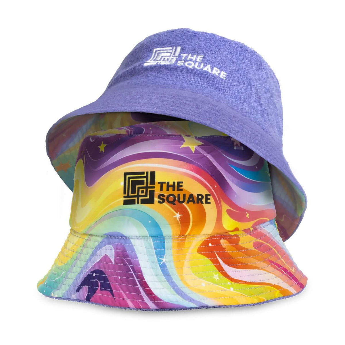 Custom Reversible Twill/Terry Bucket Hat showcasing vibrant colors and logo on both sides.