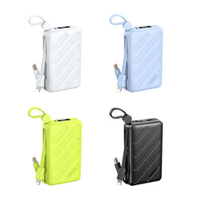 Remax FC-08 Powerbank with Cable Lanyard 10000mAh in four colors: white, blue, yellow, and black.